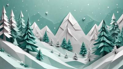 The primary subject of the image is a snowy mountain landscape. The setting is a wintery mountain range with snow-covered trees and a sky background. The visual style is a combination of digital art and illustration, creating a realistic and detailed representation of the mountain range. The colors and mood of the image are predominantly white and cold, reflecting the wintry atmosphere of the scene.